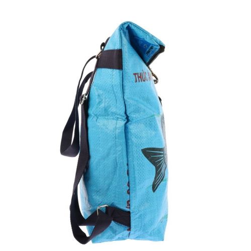 Rolltop rucksack made from recycled cement sacks Tantor fish blue