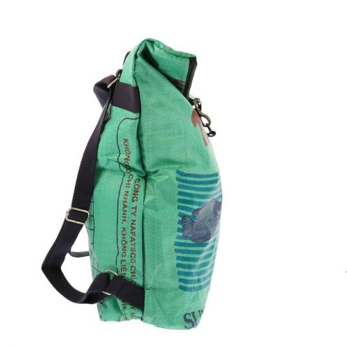 Rolltop rucksack made from recycled cement sacks Tantor fish green