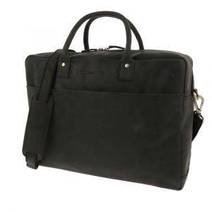 Spacious laptop bag 15.6" in matt black vintage eco leather - Huckleberry