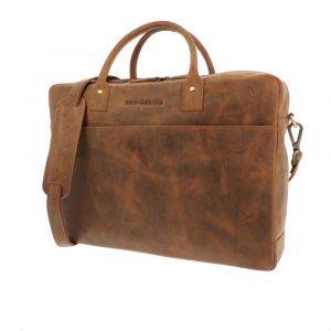 Spacious laptop bag 15.6" in matt brown vintage eco leather - Huckleberry