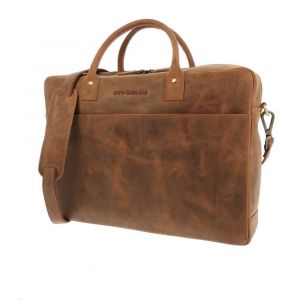 Spacious laptop bag 15.6" in matt brown vintage eco leather - Huckleberry