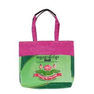 Zipped recycled rice sacks shopper bag - Moni - Lotus pink/green