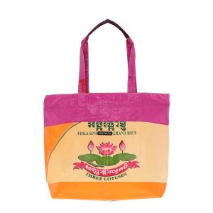 Zipped recycled rice sacks shopper bag - Moni - Lotus pink/orange