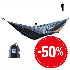 single (travel) hammock in black and 2 shades of grey. Lightweight, strong and comfy 