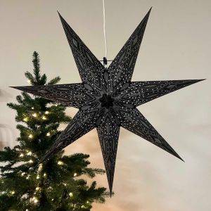 Paper Christmas star Ø60 cm incl. lighting cable - Nova black with silver glitter
