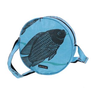 Round shoulder bag made from recycled fish food bags - Faya fish blue