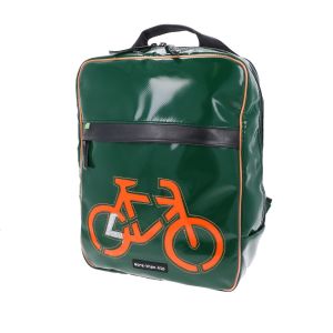 Waterproof 15.6” laptop backpack from recycled truck tarpaulin - London green/oranje bike