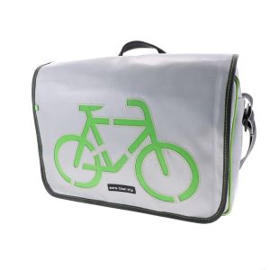 Waterproof 15.6” laptop bag from recycled truck tarpaulin - Rome silver/green bike