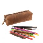 Large pencil or cosmetic case of brown vintage eco leather