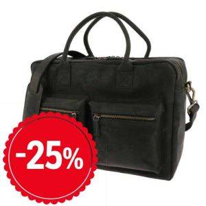 Large work bag with 15.6" laptop compartment in matt black vintage eco leather - Sycamore