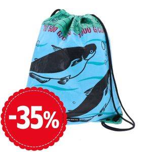 Drawstring rucksack from recycled fish feed bags - Chenda fish blue