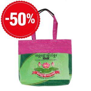 Zipped recycled rice sacks shopper bag - Moni - Lotus pink/green