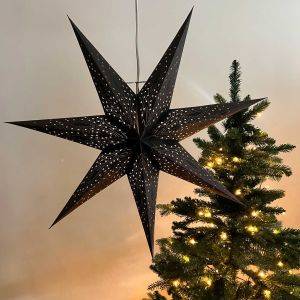 Paper Christmas star Ø60 cm incl. lighting cable - Nova black with black glitter