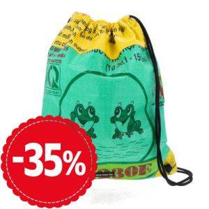 Drawstring rucksack from recycled animal feed bags - Chenda frogs